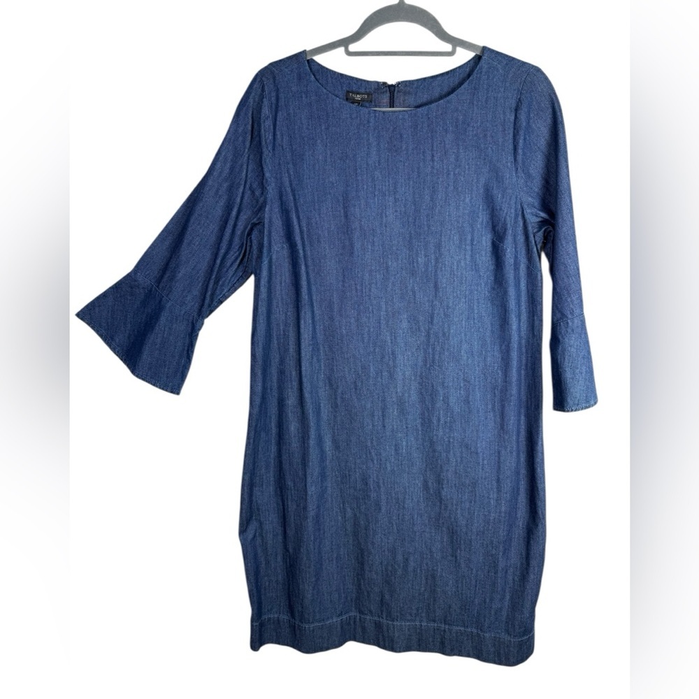 NWT‎ Talbots Blue Chambray Denim Knee Length Dress with Bell Sleeves Size 12P